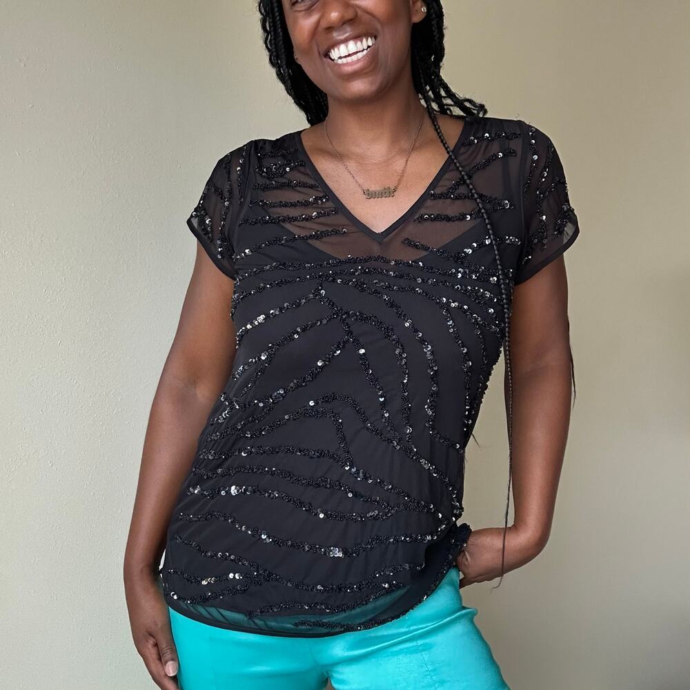 White House Black Market Sheer Beaded Top Size Small